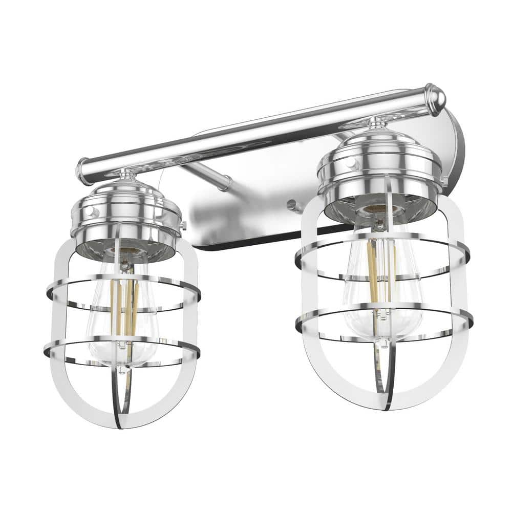 Chrome 2-Light Industrial Vanity Fixture with Caged Shades