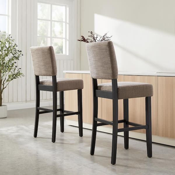 44 in. H Gray Linen Upholstered High Back Wood 30 in. Bar Height Stool (Set of 2)