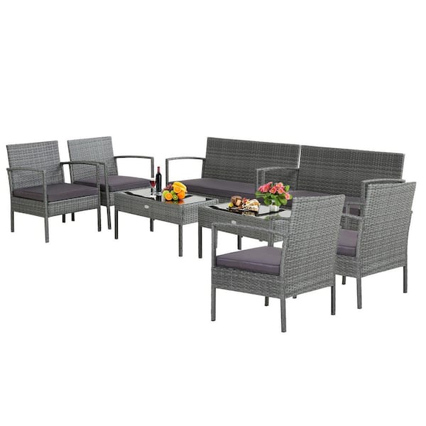 Gymax 8-Piece Rattan Patio Furniture Set Outdoor Wicker Conversation Set with Cushions