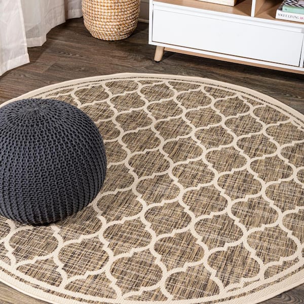Trebol Moroccan Trellis Textured Weave Brown/Beige 9 ft. Round Indoor/Outdoor Area Rug