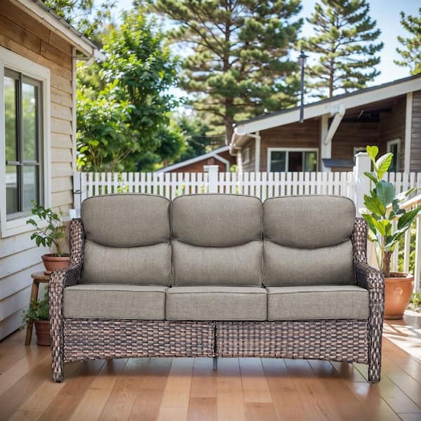 Arcadia Brown Wicker Outdoor 3-Seat Couch with High Curved Back and 6 in. Thick Gray Box-Edge Cushions