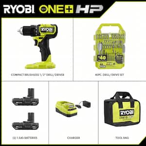 ONE+ HP 18V Brushless Cordless Compact 1/2 in. Drill/Driver Kit with (2) 1.5 Ah Batteries, Charger, Bag, & 40PC Bit Set