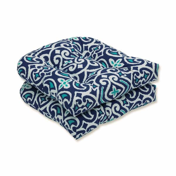 Pillow Perfect 19 x 19 Outdoor Dining Chair Cushion in Blue/White (Set of 2)