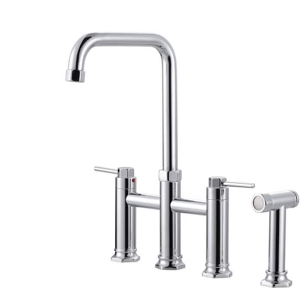 IVIGA Elegant Brass Double Handle Bridge Kitchen Faucet with Side Sprayer, 59 in. Hose, and Supply Lines in Polished Chrome