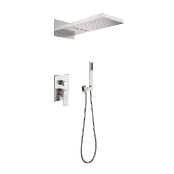 FORCLOVER 2-Spray Waterfall High Pressure Wall Mounted Shower System with Handheld Shower in Brushed Nickel