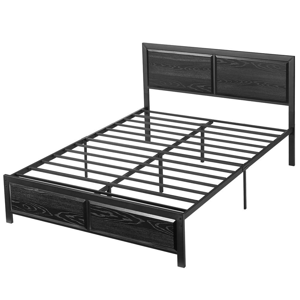 Metal Bed Frame Black Metal Frame Full Size Platform Bed with Rustic Country Style Wooden Headboard and Footboard - thumbnail 8