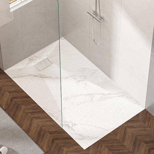 60 in L x 36 in W Alcove Shower Pan Base with Reversible Drain Placement, Wheel Chair Access, Low Profile, Carrara White