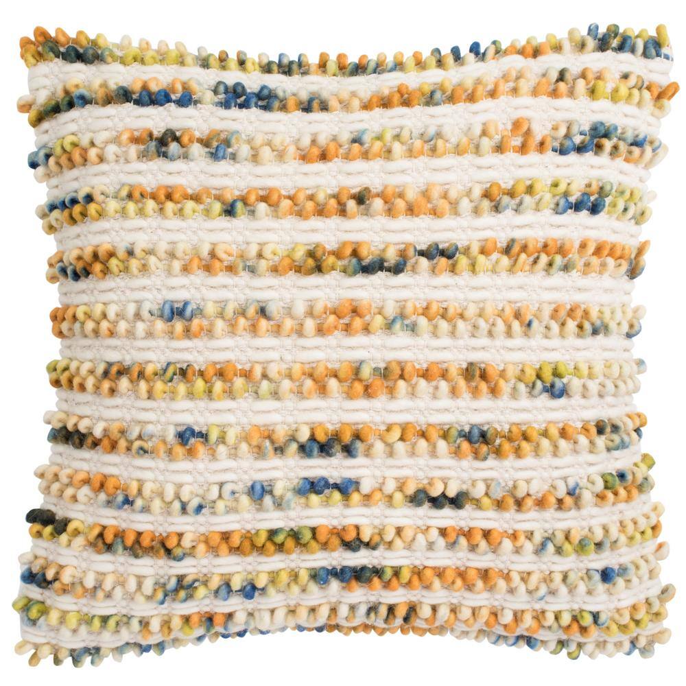 Beige and Blue Hand Loomed Wool Square Pillow