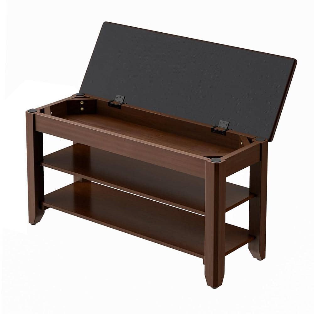 31.5" W Walnut Solid Wood Shoe Storage Bench with Flip-Top Storage