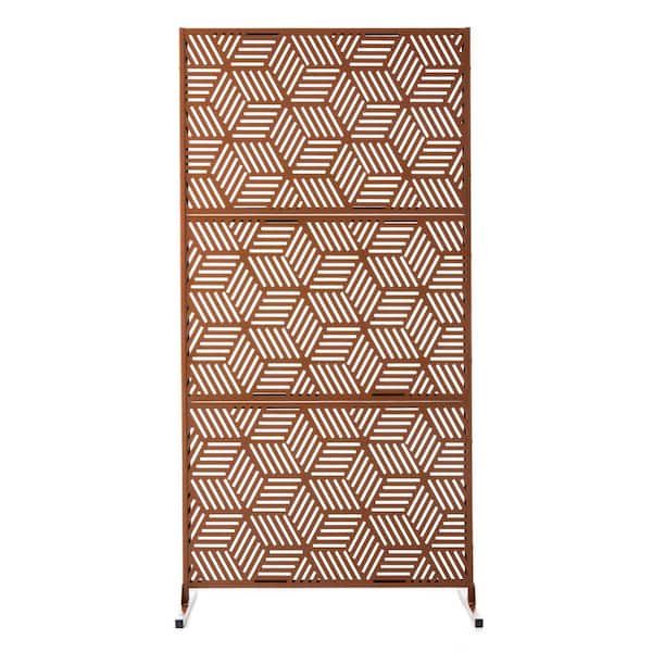71.50 in. H Brown Galvanized Steel Geometric Pattern Privacy Screen Fence Panel Room Divider with Riser Feet