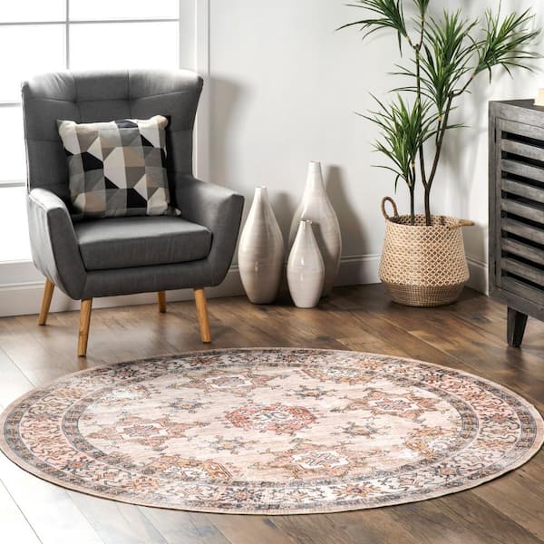 Finley Machine Washable Vintage Distressed Beige 6 ft. x 6 ft. Area Rug