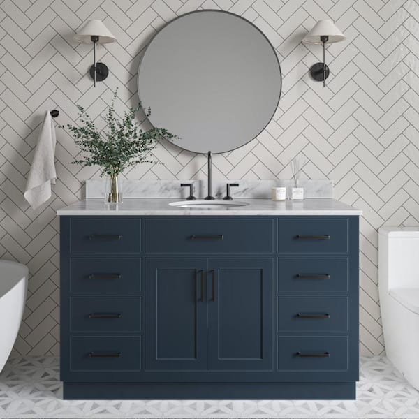 ARIEL Hepburn 55 in. W x 22 in. D x 35.25 in. H Bath Vanity in Blue with Carrara Marble Vanity Top in White with White Basin
