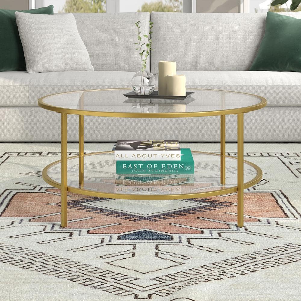 Brass Round Glass Top Coffee Table with Graduated Legs
