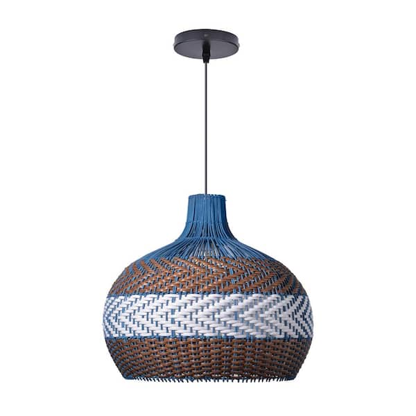 15.74 in. 1-Light Woven Rattan Pendant Light with Blue Shade