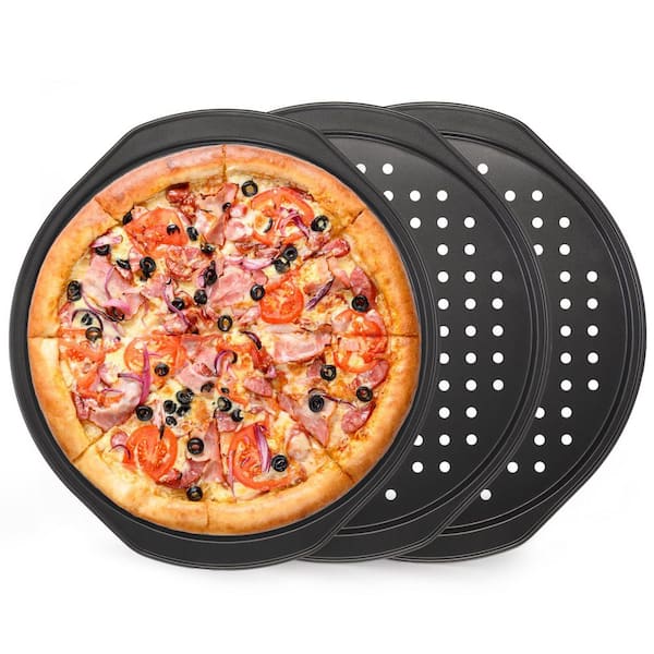 3 Pack Carbon Steel Perforated Pizza Pan with Handle Non-Stick Dishwasher Safe Pizza Baking Tray Set