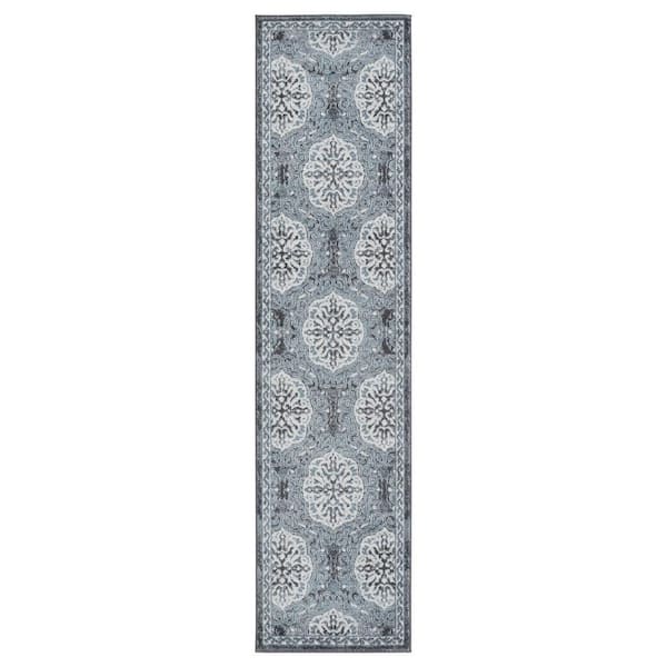 Alexandria 2 ft. 6 in. x 10 ft. 3 in. Steel Blue Bordered Pattern Runner Rug for High Traffic Entryway Kitchen Hallway