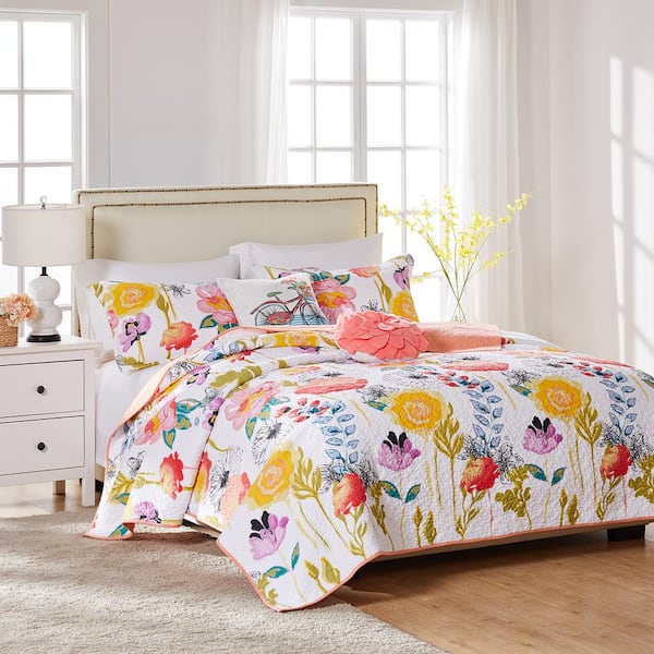 Greenland Home Fashions Watercolor Dream 5-Piece White Cotton Full / Queen Bonus Quilt Set