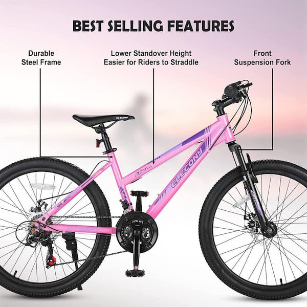 Vast en zeker Vuiligheid Beperkt 24 in. Pink Teenagers, Shimano 21-Speeds Gear Mountain Bike MTB with Dual  Disc Brakes and 100 mm Front Suspension SXB658139 - The Home Depot