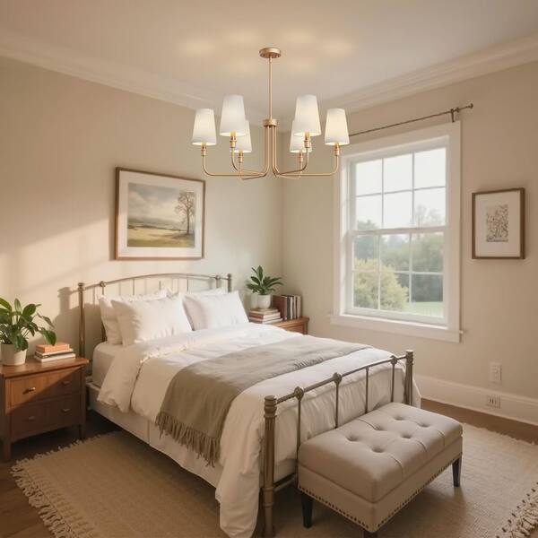 YANSUN 33 in. 6-Light Gold Farmhouse Chandelier with White Linen