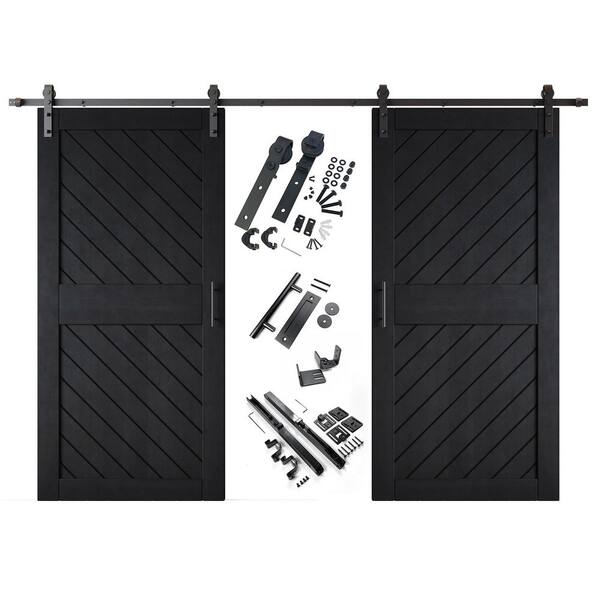 XT2 32 in. x 84 in. C-Panel Black Slanted Stripe Design Double Pine Wood Sliding Barn Door with Hardware Kit