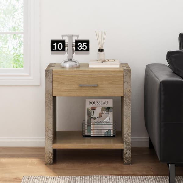 Tillie Natural and Gray 1-Drawer 22.75 in. W Nightstand with Open Shelf, Metal Handle