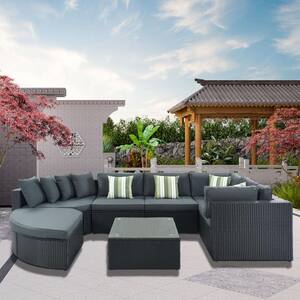 Gray 7-Piece Wicker Outdoor Conversation Sectional Sofa Lounger Set with Gray Cushion, Striped Green Pillows