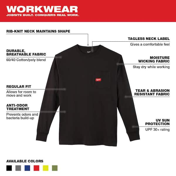 Milwaukee Men S X Large Black Heavy Duty Cotton Polyester Long Sleeve Pocket T Shirt 602b Xl The Home Depot