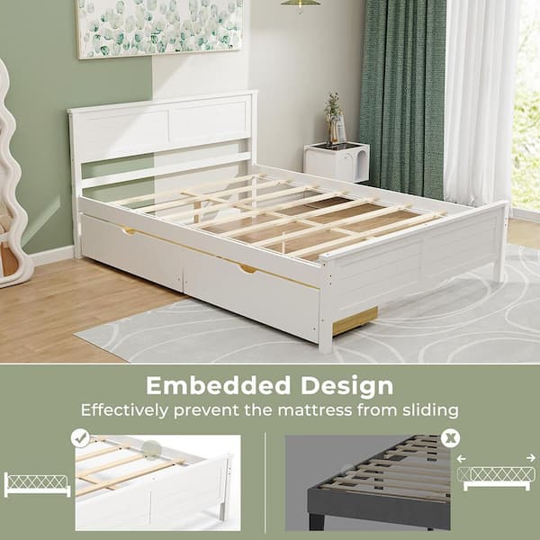 Gymax White Wooden Frame Full Platform Bed with 2-Storage Drawers
