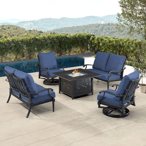 Oakland Living Black 5-Piece Aluminum Patio Fire Pit Set with Blue Cushions