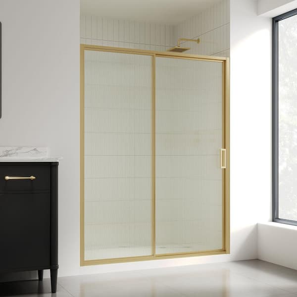 Stanford 58 3/16 in. - 60 in. W x 74 in. H Alcove Sliding Framed Shower Door with Fluted Glass in Brushed Gold Finish