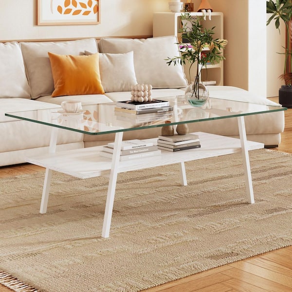 38.58 in. Modern Rectangle Tempered Clear Glass Coffee Table, White Metal Legs & MDF Base for Living Room