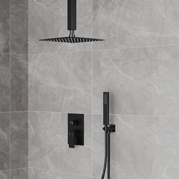 EVERSTEIN 1-Handle 2-Spray Wall Mount 10 in. Shower Head Feature Anti Scald with Hand Shower Faucet 2.5 GPM in Matte Black