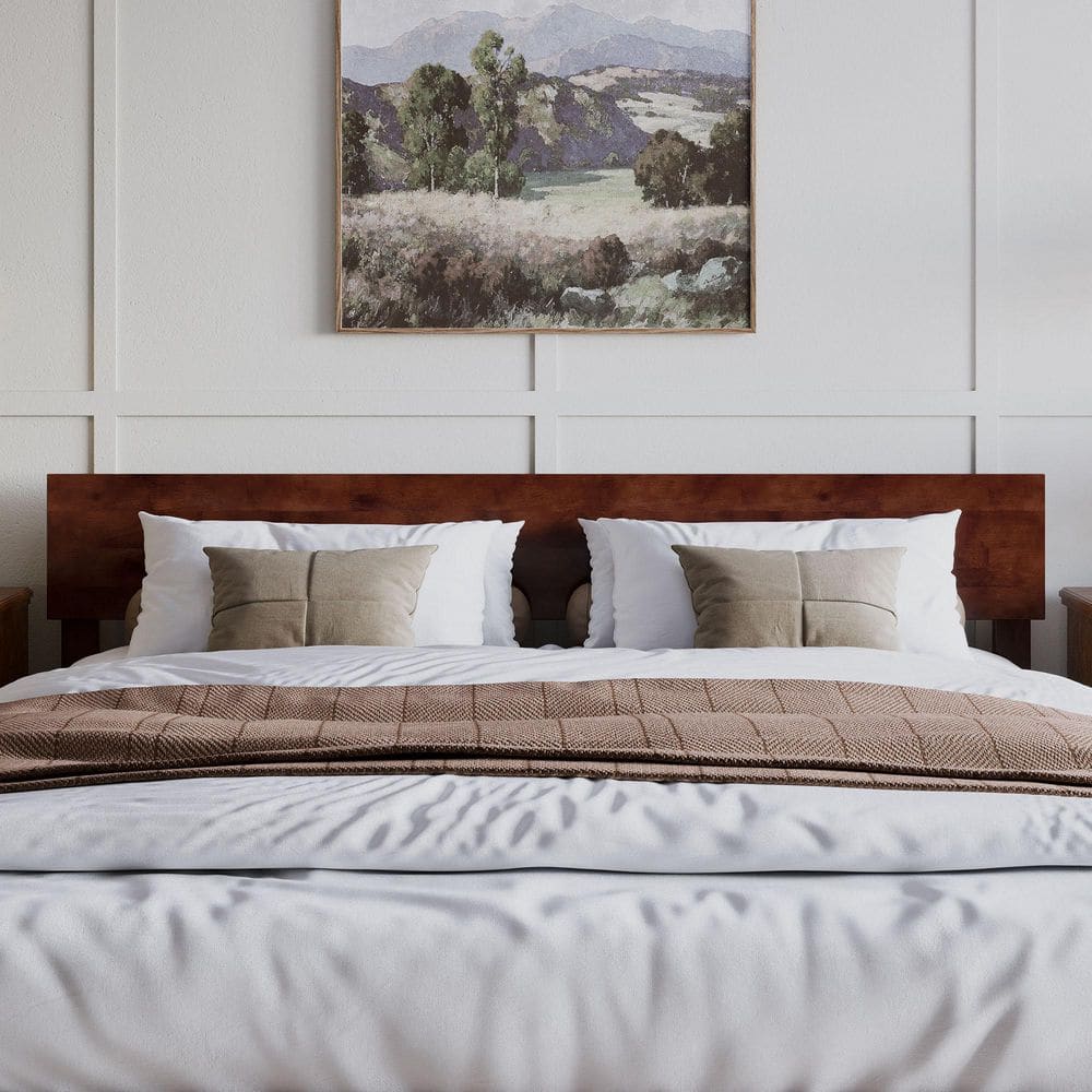 Aria King Walnut Wood Low Profile Platform Bed with Headboard