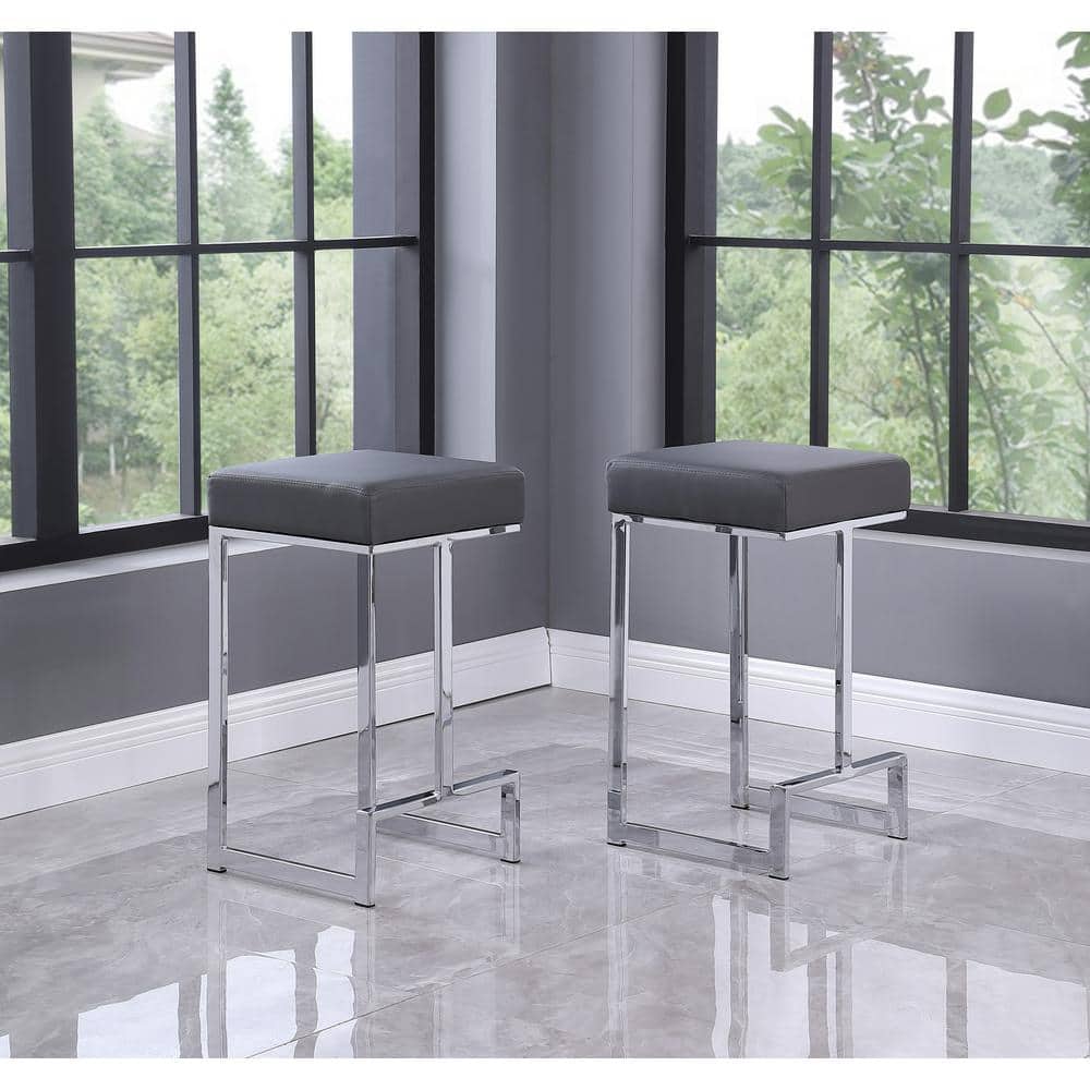 Gray Faux Leather Backless Counter Stools with Steel Base, Set of 2