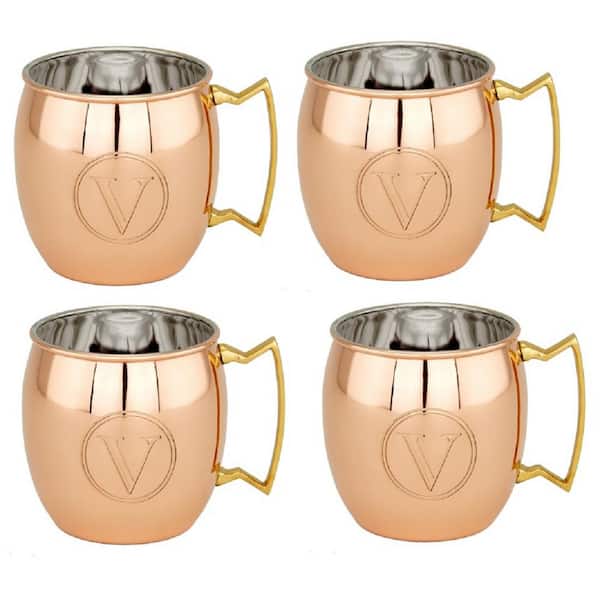 Old Dutch 16 oz. Solid Copper Mule Mugs and Monogram V (Set of 4)