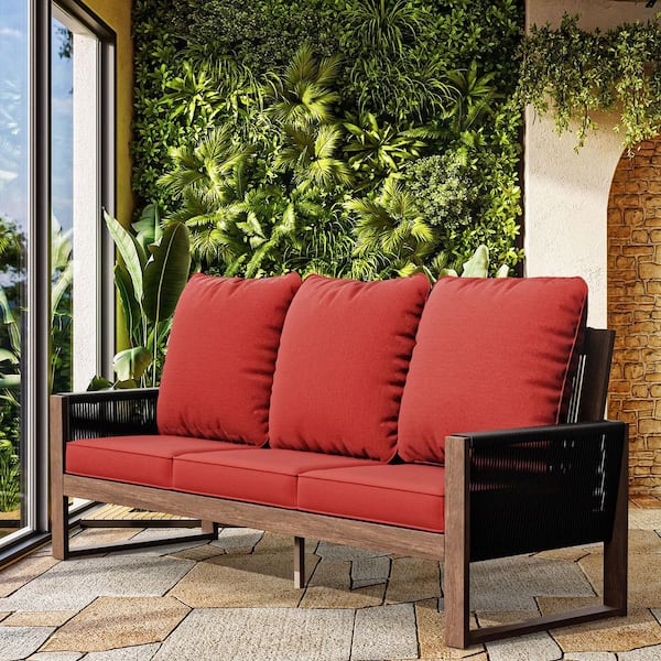Light Walnut Wood Wicker Outdoor Couch Patio Sofa with Thicken Red Cushions