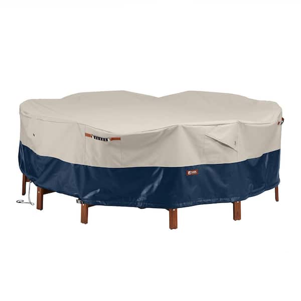 Classic Accessories Mainland 94 in. L x 94 in. W x 23 in. H Fog/Navy Round Patio Table and Chair Set Cover