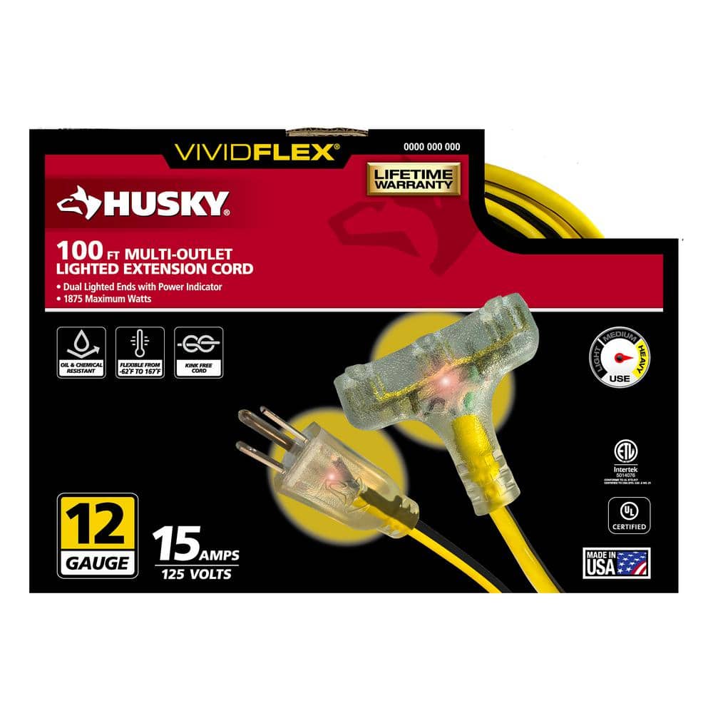 Husky VividFlex 100 ft. 12/3 Heavy Duty Indoor/Outdoor Triple Tap