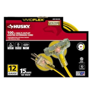 VividFlex 100 ft. 12/3 Heavy Duty Indoor/Outdoor Triple Tap Extension Cord with Lighted Ends, Yellow