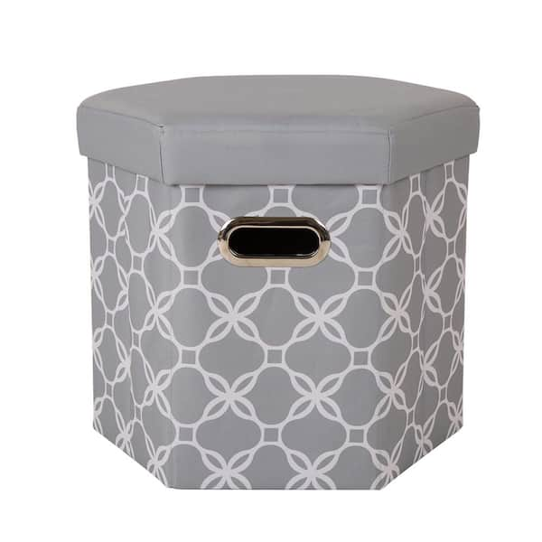 Glitzhome 15 in. H Gray Hexahedron Oxford Foldable Storage Ottoman with Padded Seat