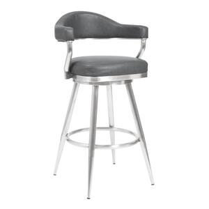 Amador 26 in. Brushed Stainless Steel and Vintage Grey Faux Leather Counter Height Bar Stool