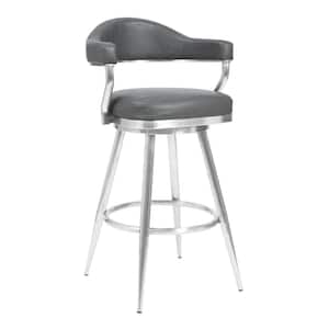 Amador 30 in. Brushed Stainless Steel and Vintage Grey Faux Leather Bar Height Bar Stool