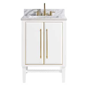 Mason 25 in. W x 22 in. D Bath Vanity in White with Gold Trim with Marble Vanity Top in Carrara White with White Basin