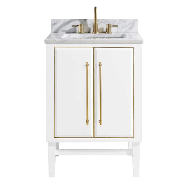 Avanity Mason 25 in. Single Sink White with Gold Trim Bath Vanity with Carrara White Marble Top
