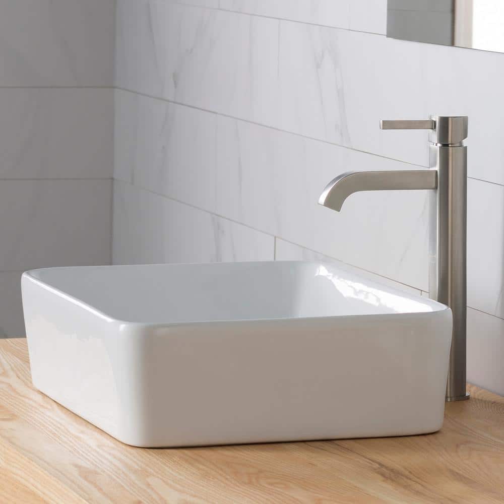 White Ceramic Rectangular Vessel Sink with Satin Nickel Faucet