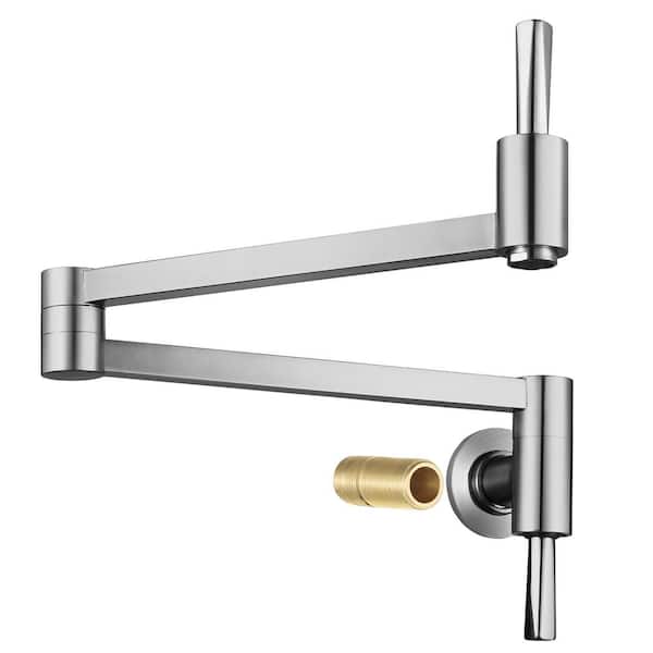 WOWOW Wall Mounted Pot Filler with Double Handle and Double Joint Swing Arm in Brushed Nickel