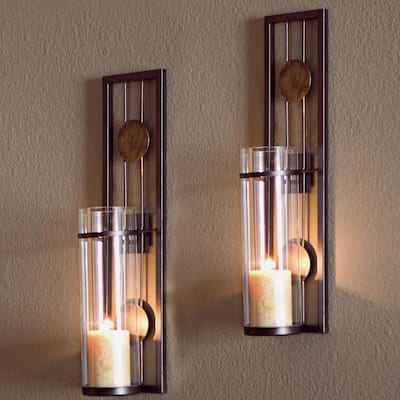 Contemporary Metal Brown Wall Candle Sconces with Antique Patina Medallions (Set of 2)