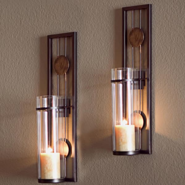 DANYA B Contemporary Metal Brown Wall Candle Sconces with Antique Patina Medallions (Set of 2)