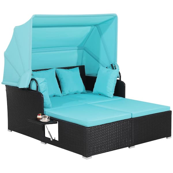 WELLFOR Patio Wicker Outdoor Day Bed with Turquoise Cushions
