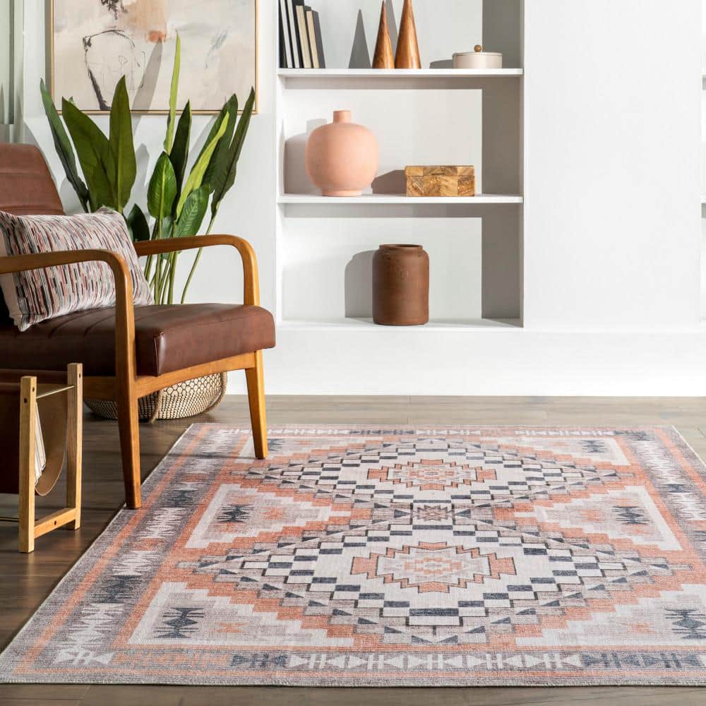 Leighton Light Orange Southwestern Washable Synthetic Area Rug